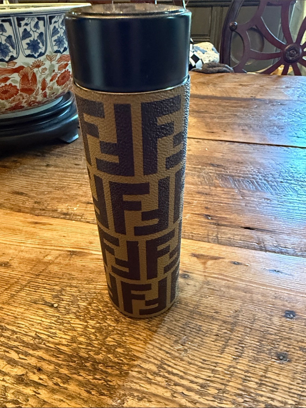 Fendi Brown Monogram Cylinder Flask with Black Cap smaller size